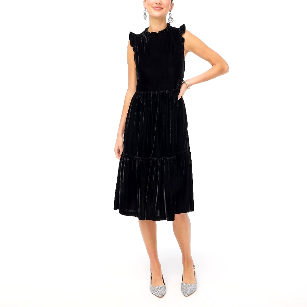 New! J. Crew sz 12 Black Velvet Tiered Midi Holiday Dress NWT